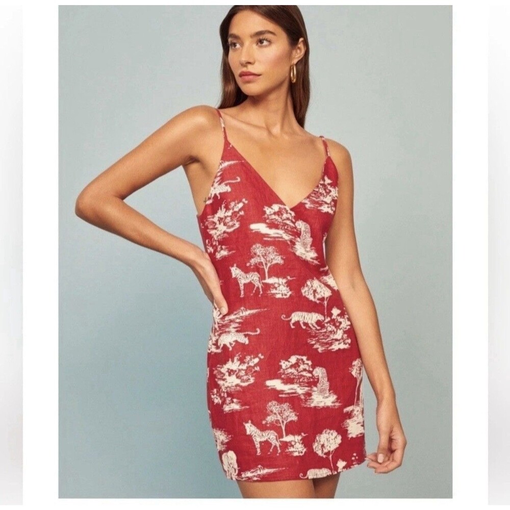 Reformation Red Nairobi A-Line Mini Dress Safari Animal 100% Linen Preppy Sz XL